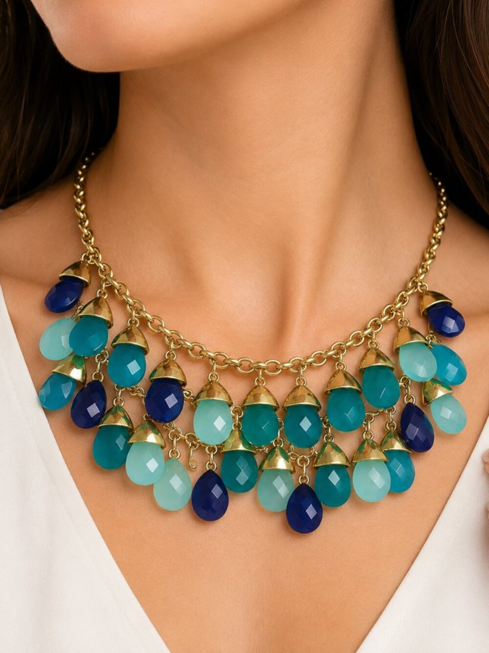 Blue & Turquoise Statement Bib Necklace – Gold Tone Faceted Teardrop Necklace